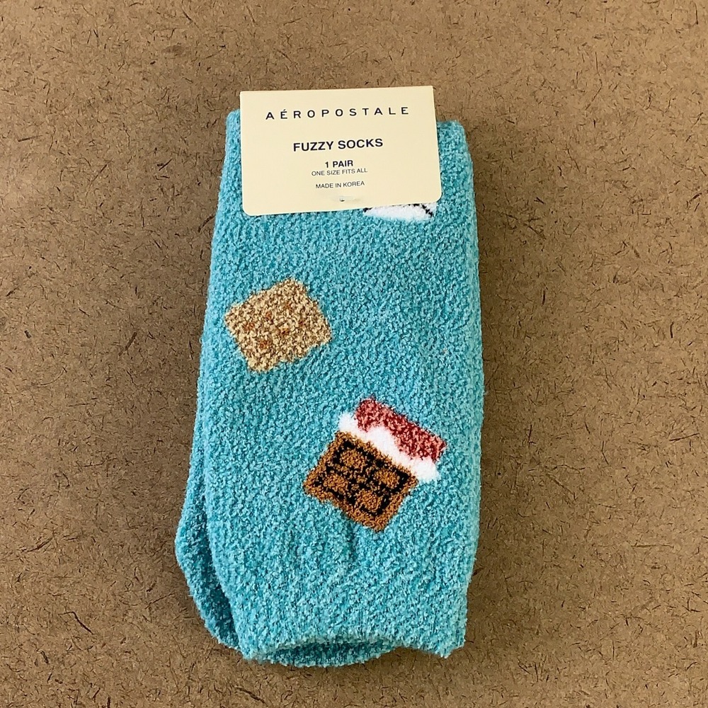 Aeropostale Women's One Size Teal Smores Printed Fuzzy Crew Socks NWT
